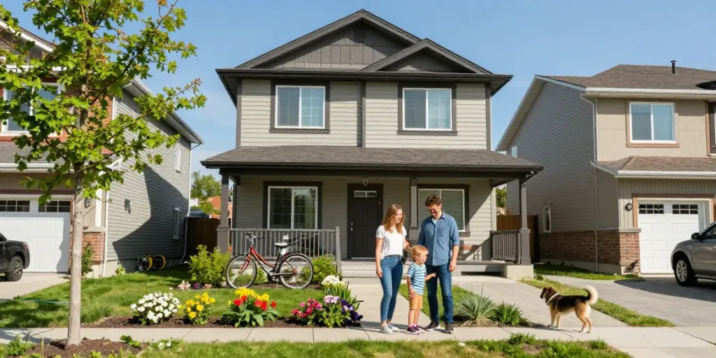 Family enjoying their garden in front of an affordable Edmonton home.