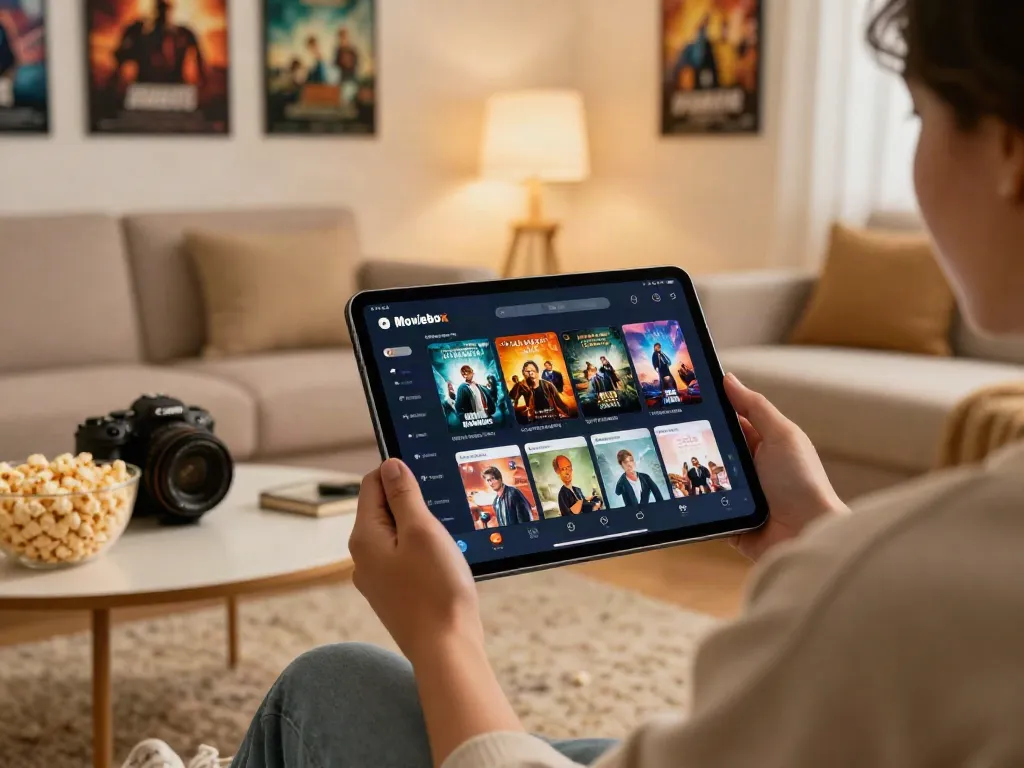 Engaged user exploring the moviesboxnet app on a tablet in a cozy living room setting.