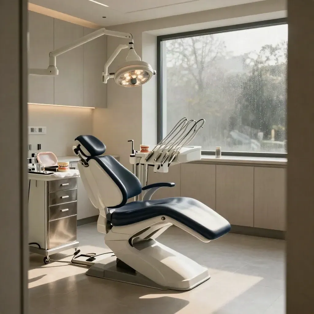 Moody premium dental bay with chair, exam light, tray, molar model and crown case at dawn