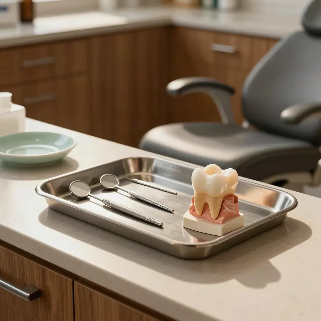 Dental exam tray with mirror, probe, sensor, and tooth model in a cozy operatory.