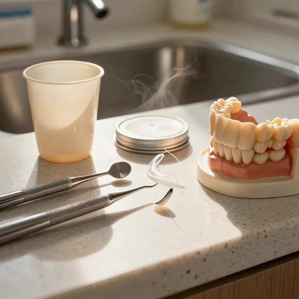 Dental cleaning tools, paste tin, floss spool, and tooth model on a travertine clinic counter.