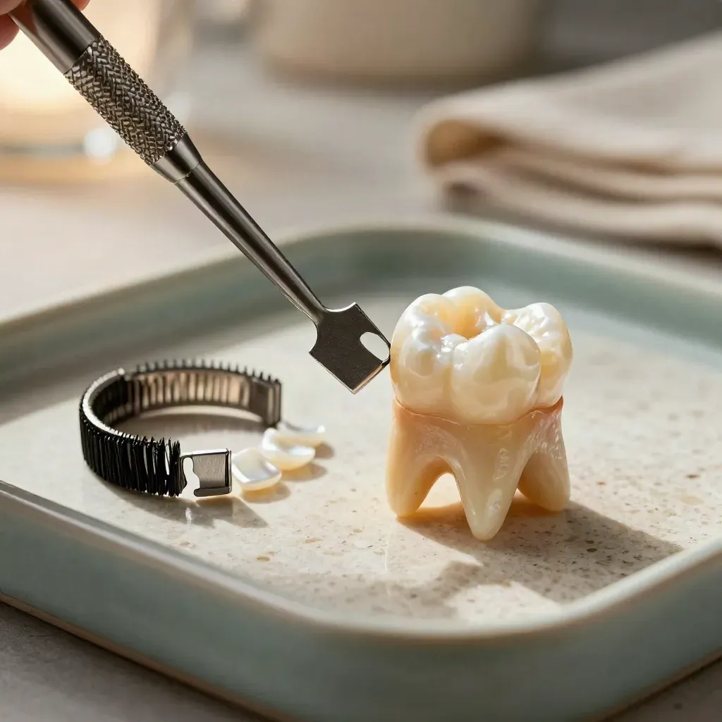 Restored molar model with fillings tools on travertine, softly lit and editorial.