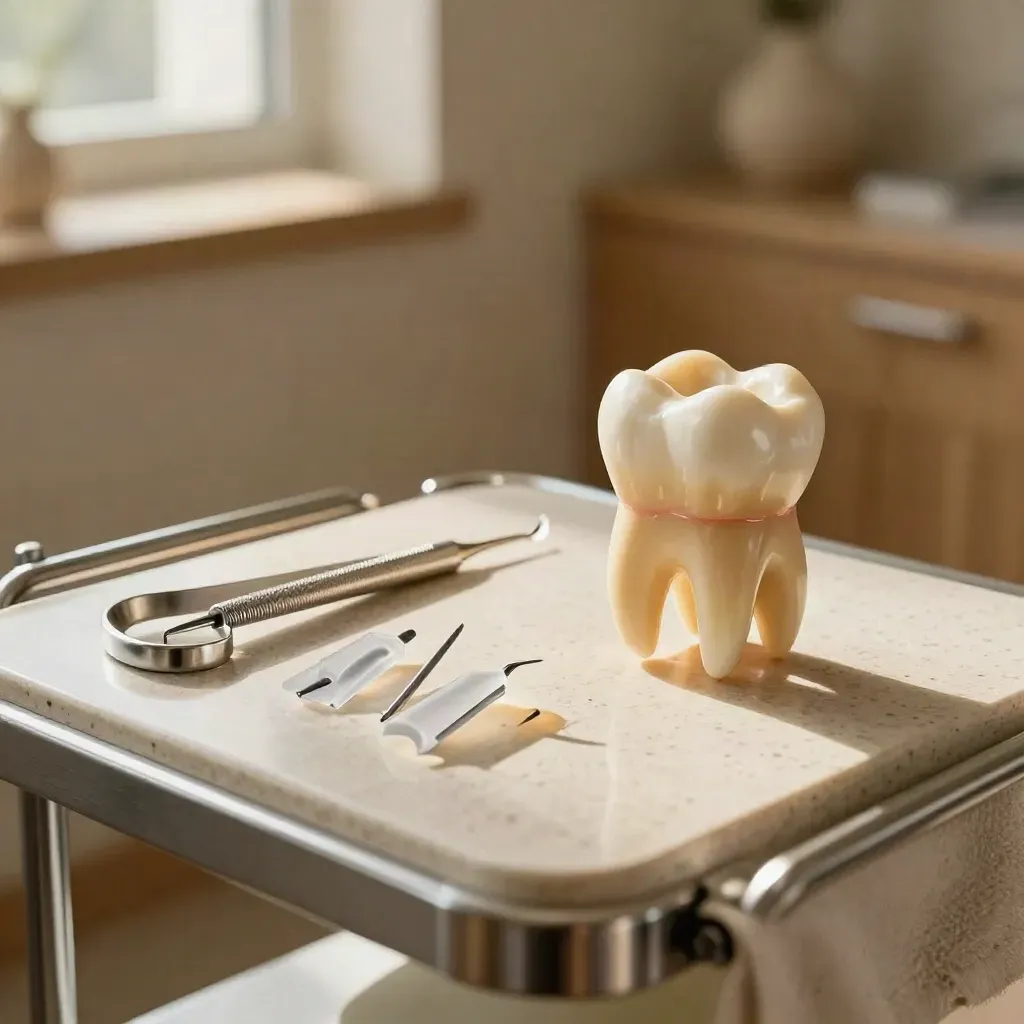Endodontic tray with root canal files, gutta-percha points and molar model in soft window light