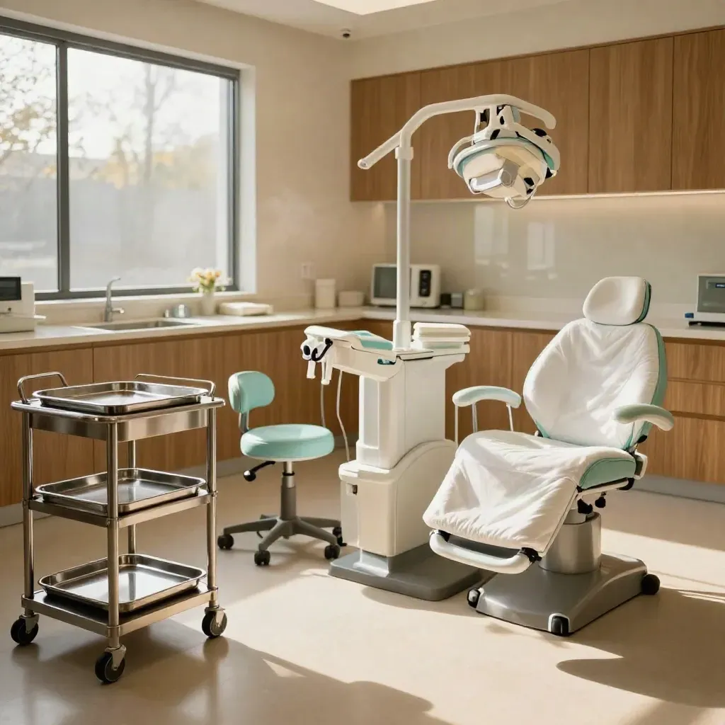 Empty dental suite with sanitized trays, booster stools, and reset chairs in warm morning light.