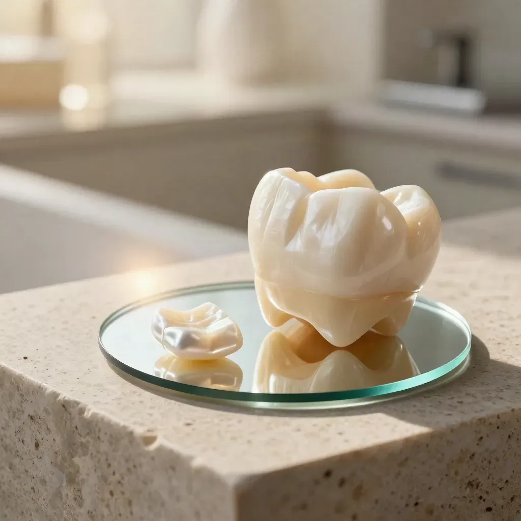 Tooth model, shade tabs, and ceramic dish on stone in a whitening result display.