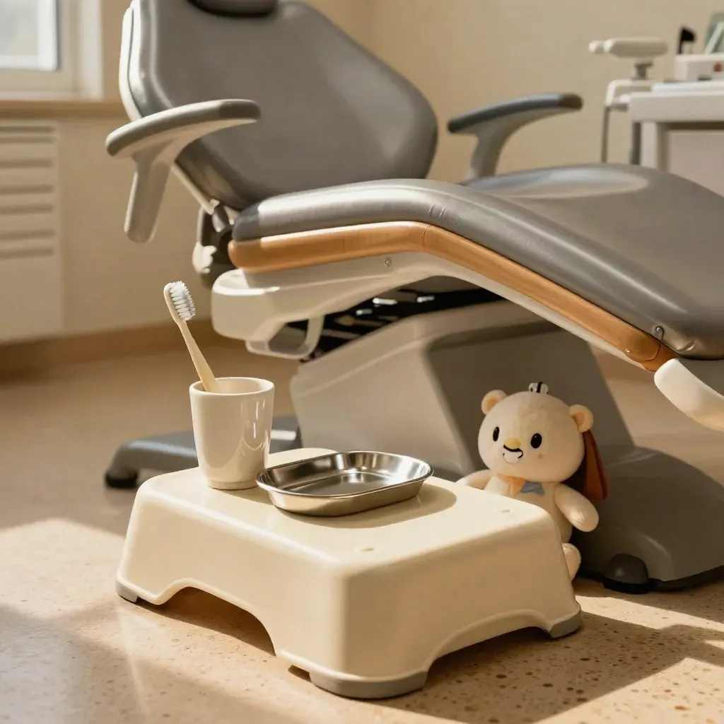 Child-sized dental exam bay with booster step, toothbrush cup, mirror tray, and plush mascot.
