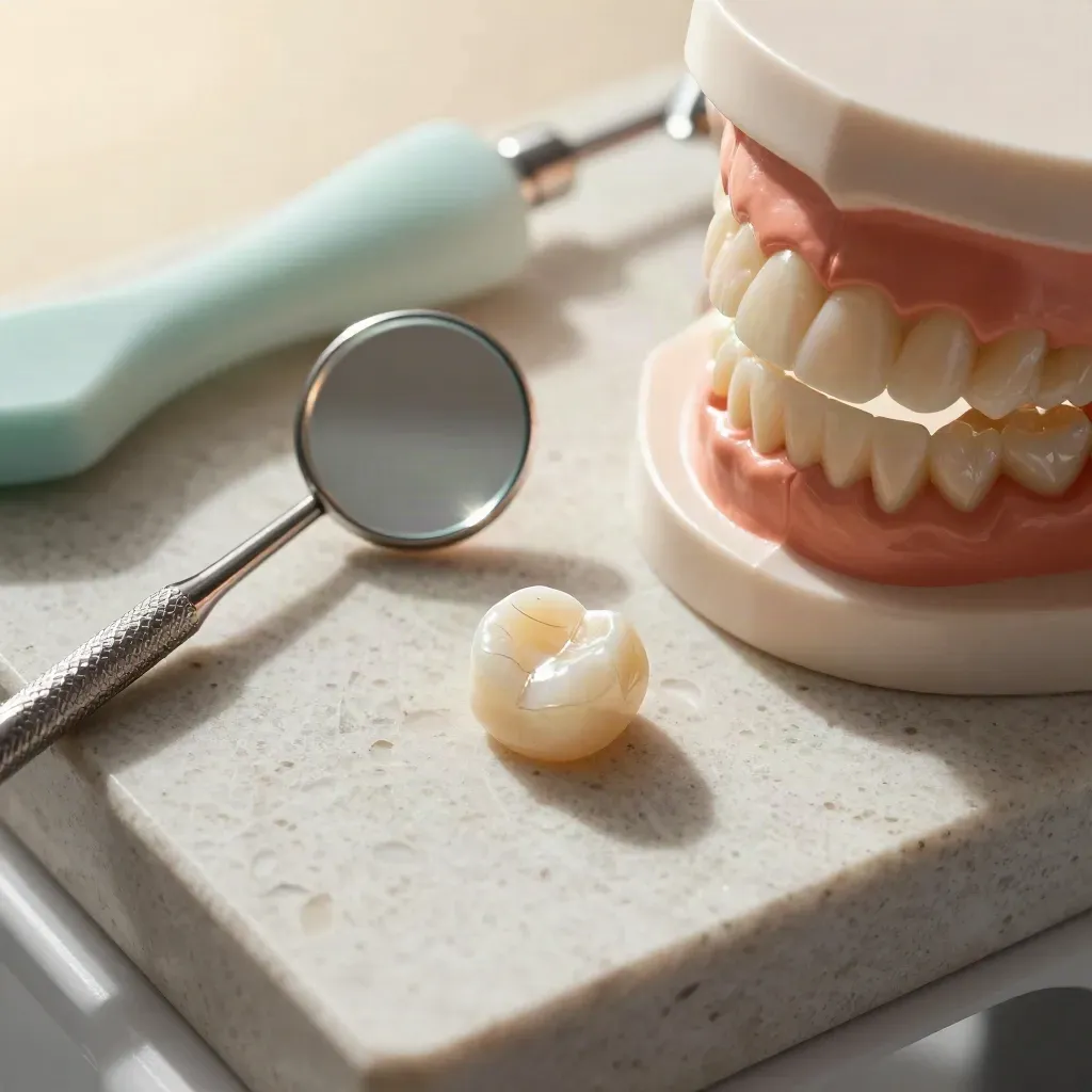 Macro still life of dental tools, a ceramic crown and jaw model on a travertine bench.