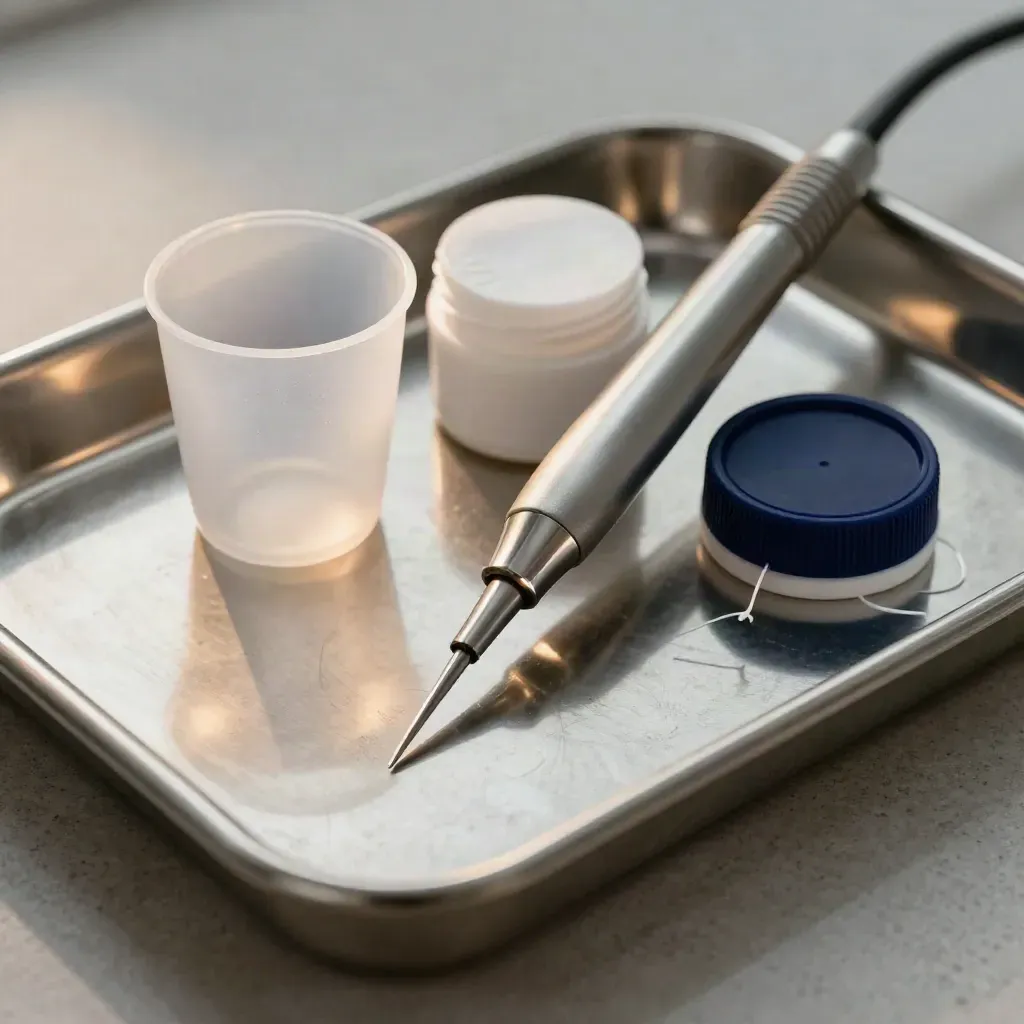 Scaler tip, prophy cup, paste, floss spool and tray in dramatic dental still life.
