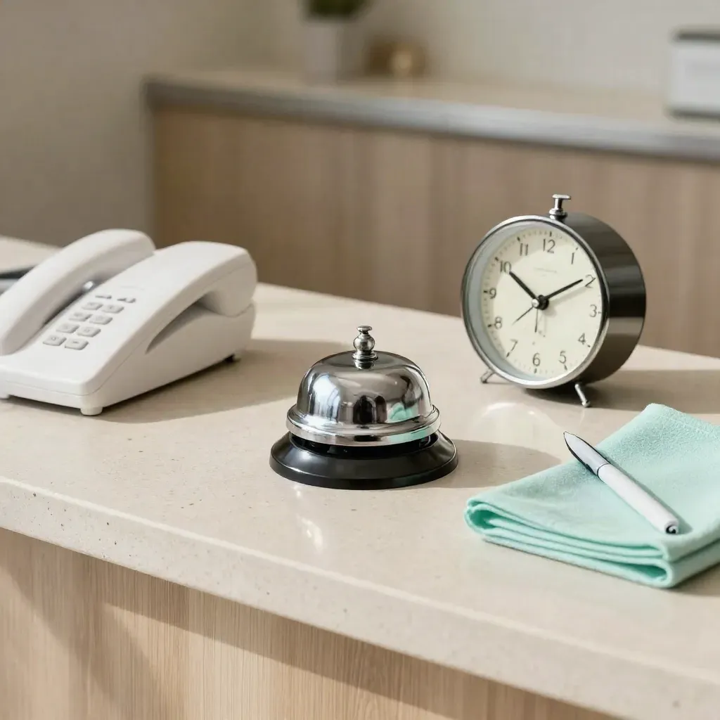 Top-down dental reception still life with phone, bell, clock, and pen on stone counter