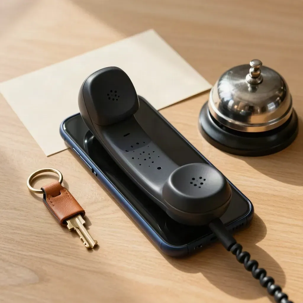 Smartphone, handset, bell and keys on warm wood beside a blurred appointment card.