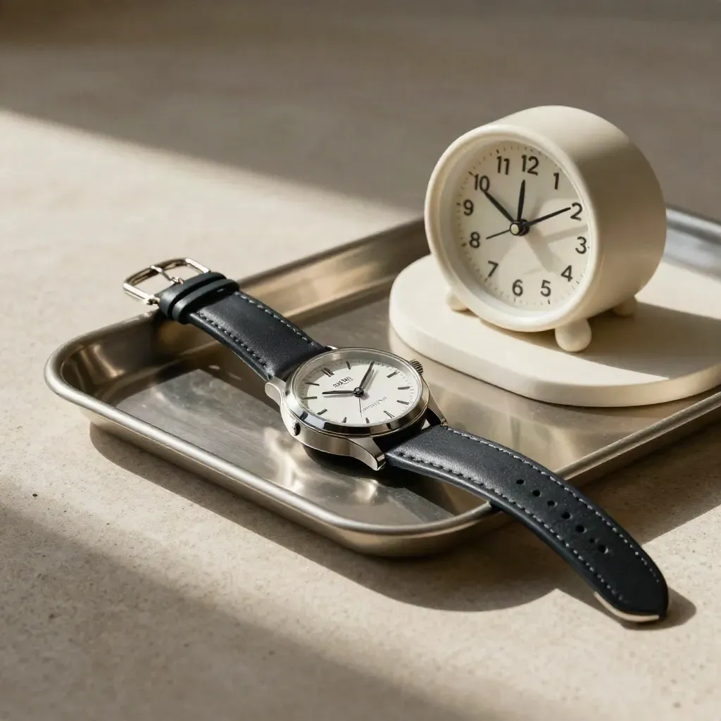 Watch, key fob, tray and ceramic clock arranged for an on-time arrival cue.