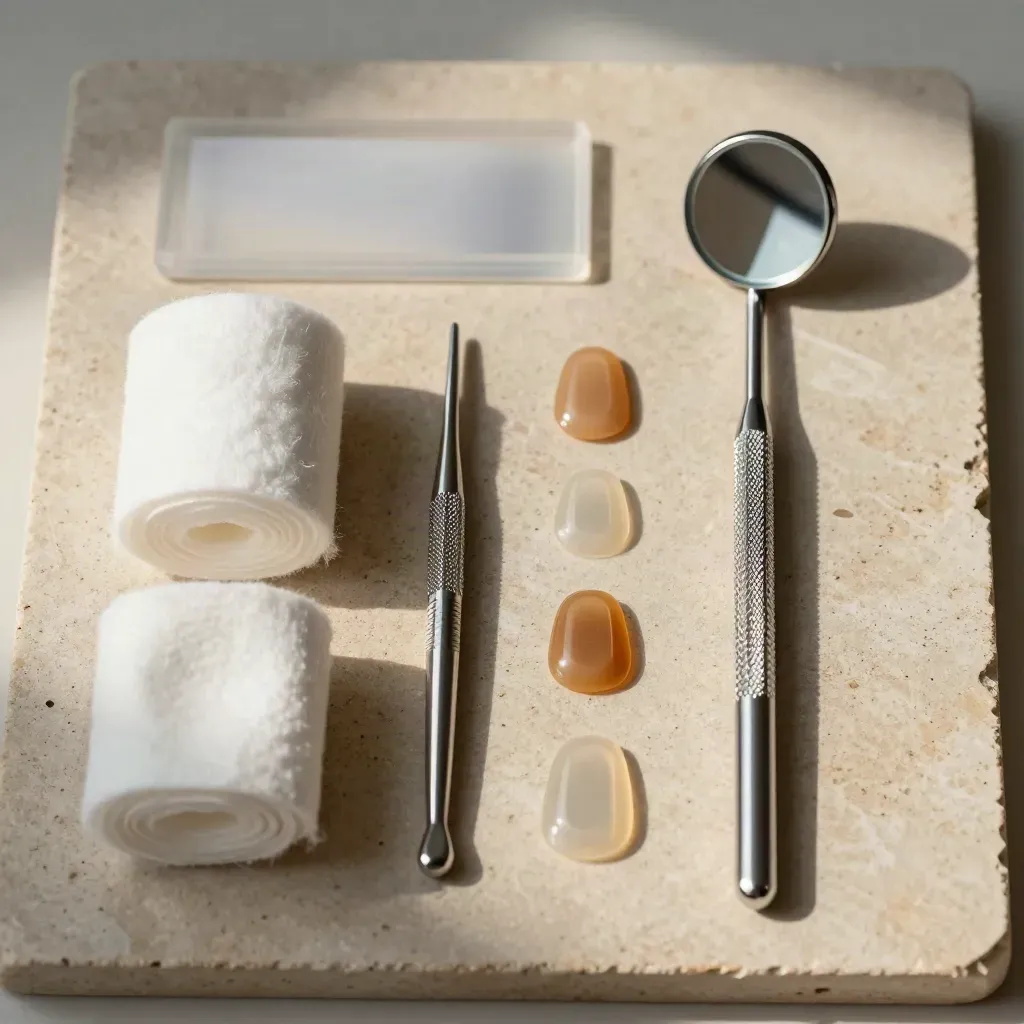 Overhead dental tools on stone, mirror, suction tip, cotton rolls and compules in a neat flatlay.