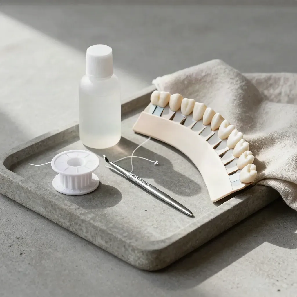 Dental floss, interdental brush, rinse bottle, and shade guide on a stone tray