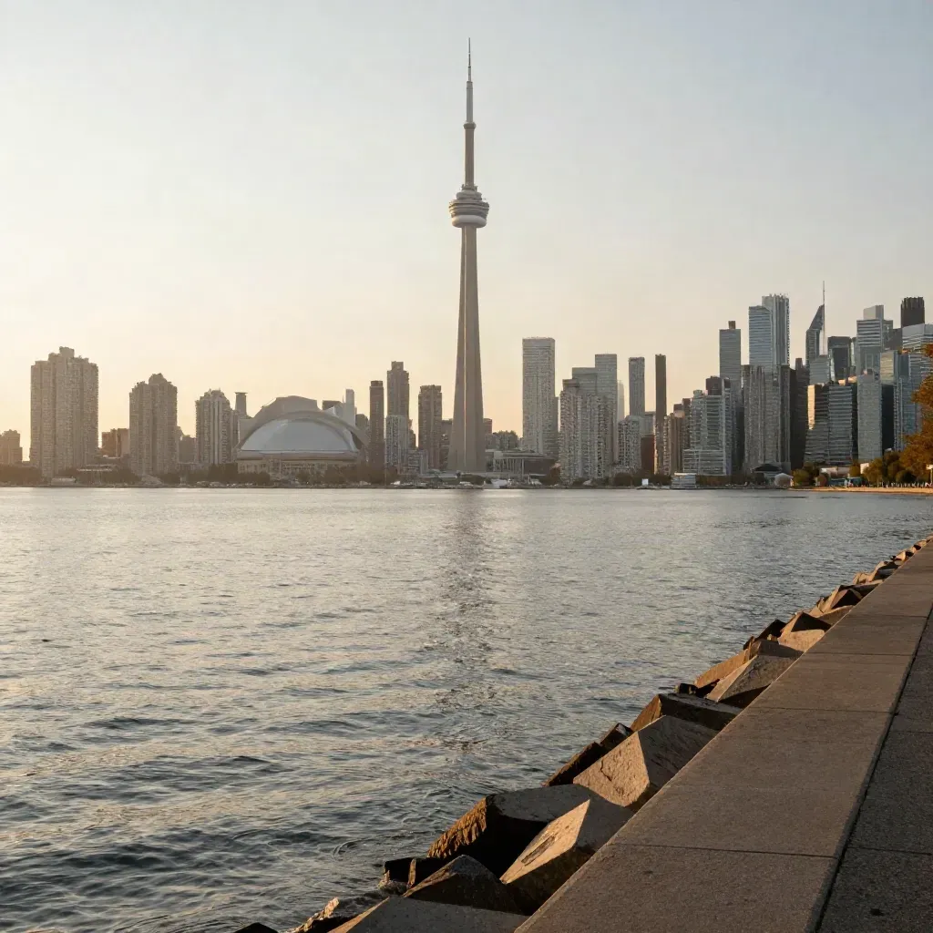 Toronto skyline and CN Tower above a hazy golden waterfront at sunset