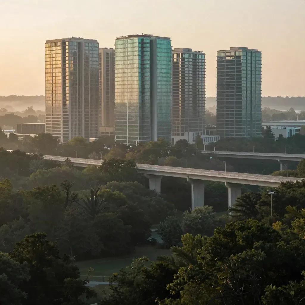 North York towers above a hazy ravine and pale bridges, with calm space below.