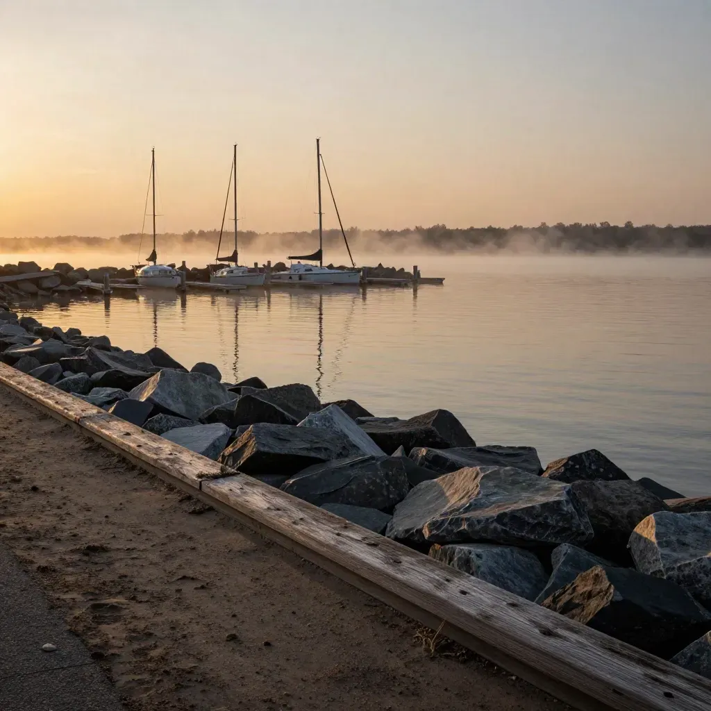 Mississauga waterfront at sunset with marina masts, misty lake, and open reflective water.