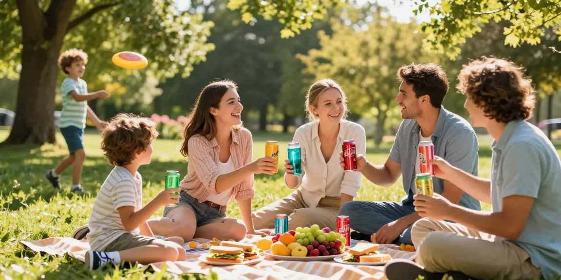 Families enjoying soda pop during a sunny picnic in the park.