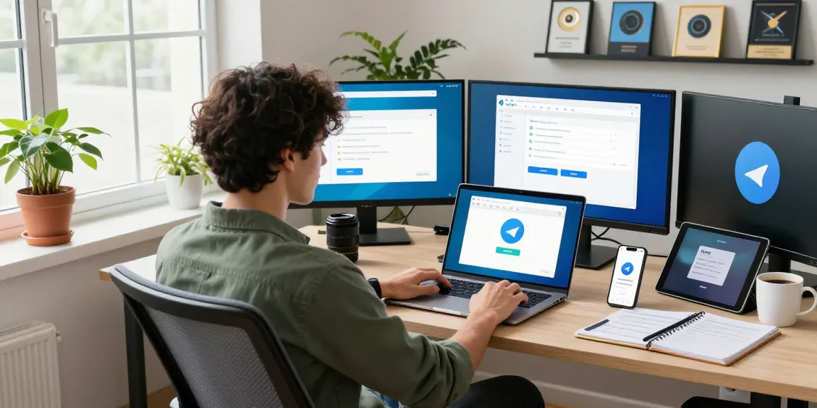 Engaged user interacting with Telegram Web Version on a laptop in a modern office.