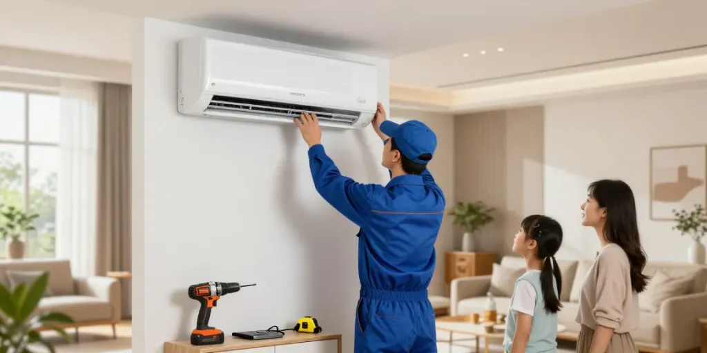 Ductless air conditioner installation in a modern living room with family observing.
