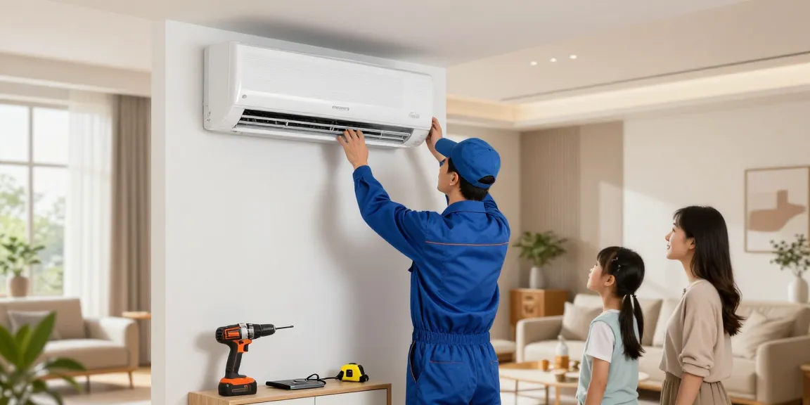 Ductless air conditioner installation in a modern living room with family observing.