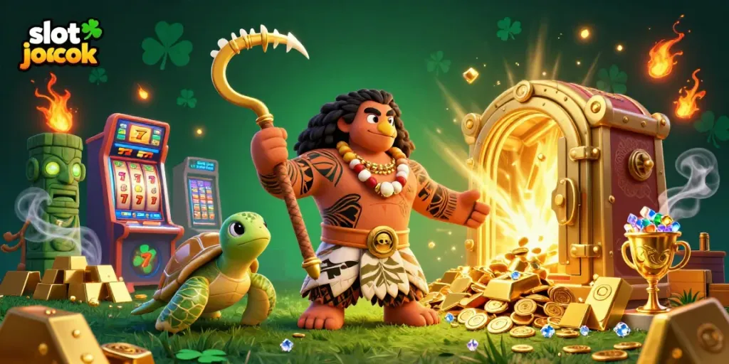 Experience the thrilling slot jackpot ambiance with vibrant characters amid spinning reels and golden treasures.