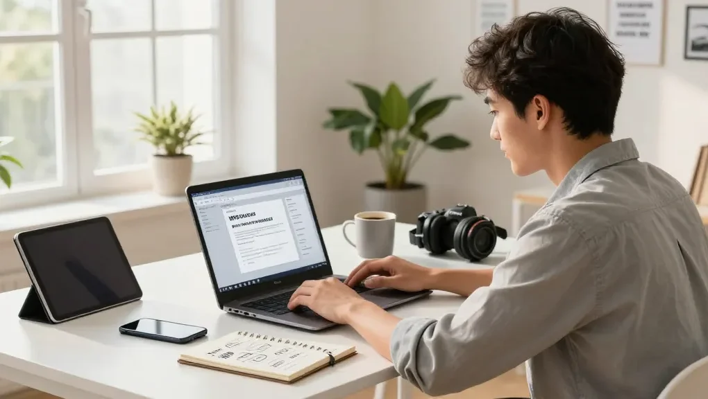 WPS Download shown on a laptop in a modern home office, highlighting productivity and tech.