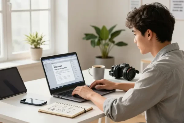 WPS Download shown on a laptop in a modern home office, highlighting productivity and tech.