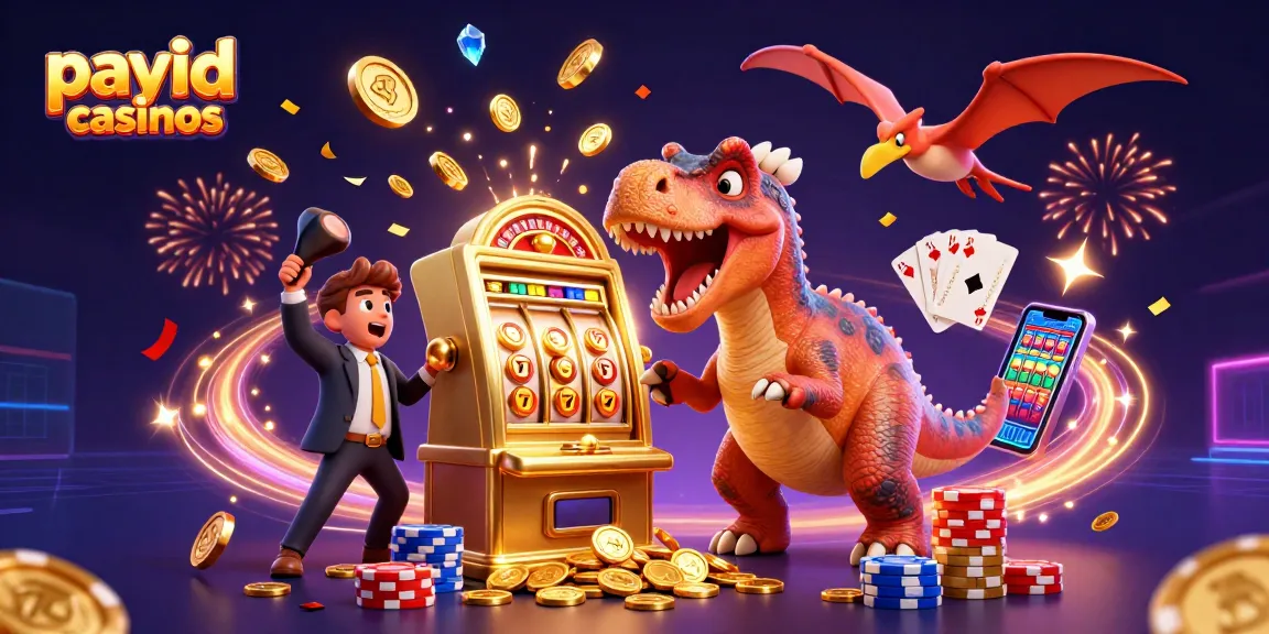 Experience the excitement of payid casinos with an engaging scene featuring dinosaurs and casino elements.